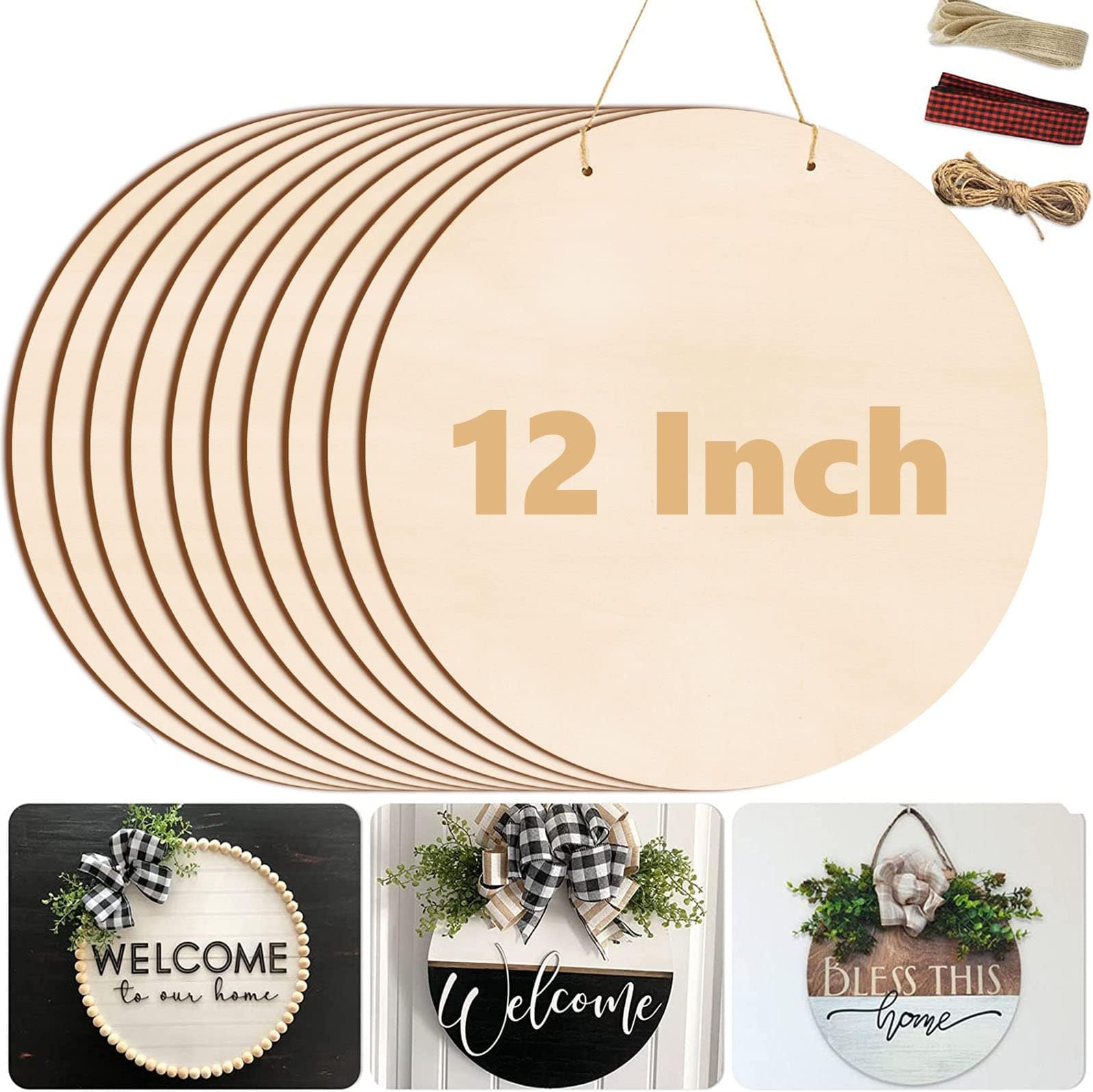 12 Inch Wood Circles for Crafts, 10Pcs Unfinished Wood Rounds for Cricut Projects, Burning, Painting, Door Hanger, DIY Wooden Crafts Gifts for Mother's Day Holiday Home Decor (10PCS)
