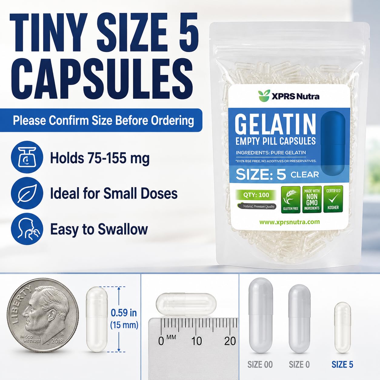 XPRS Nutra Size 5 Empty Capsules - 100 Count Clear Very Small Empty Gelatin Capsules - Pills DIY Capsule Filling - Fillable Pill Gel Caps for Do-It-Yourself Vitamin Supplements — Amazon image 2