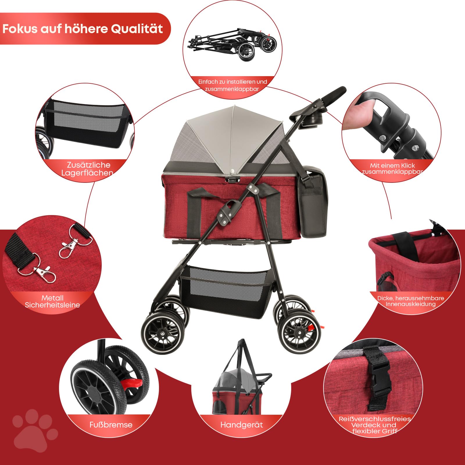 Hundewagen für Haustiere mit Verdeck, 4-rädriger Hundebuggy für kleine/mittelgroße Hunde und Katzen, Netzgewebe, Getränkehalter, Dunkelgrau+Rot