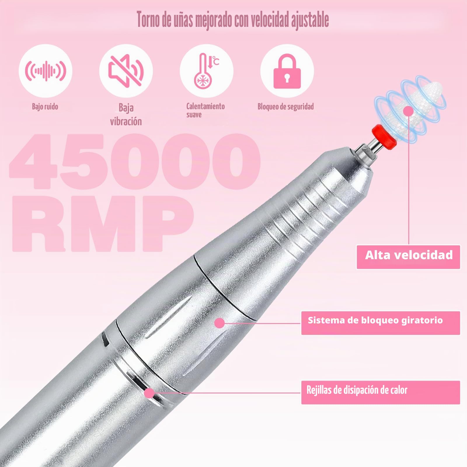 Torno Para Uñas Profesional 45000 Rpm, 12 En 1 Lima Uñas Electrica, Con Velocidad Ajustable, Recargable, Portátil, Para Uña De Gel Y Acrílicas, Manicura Y Pedicura,Salón Y Uso Doméstico