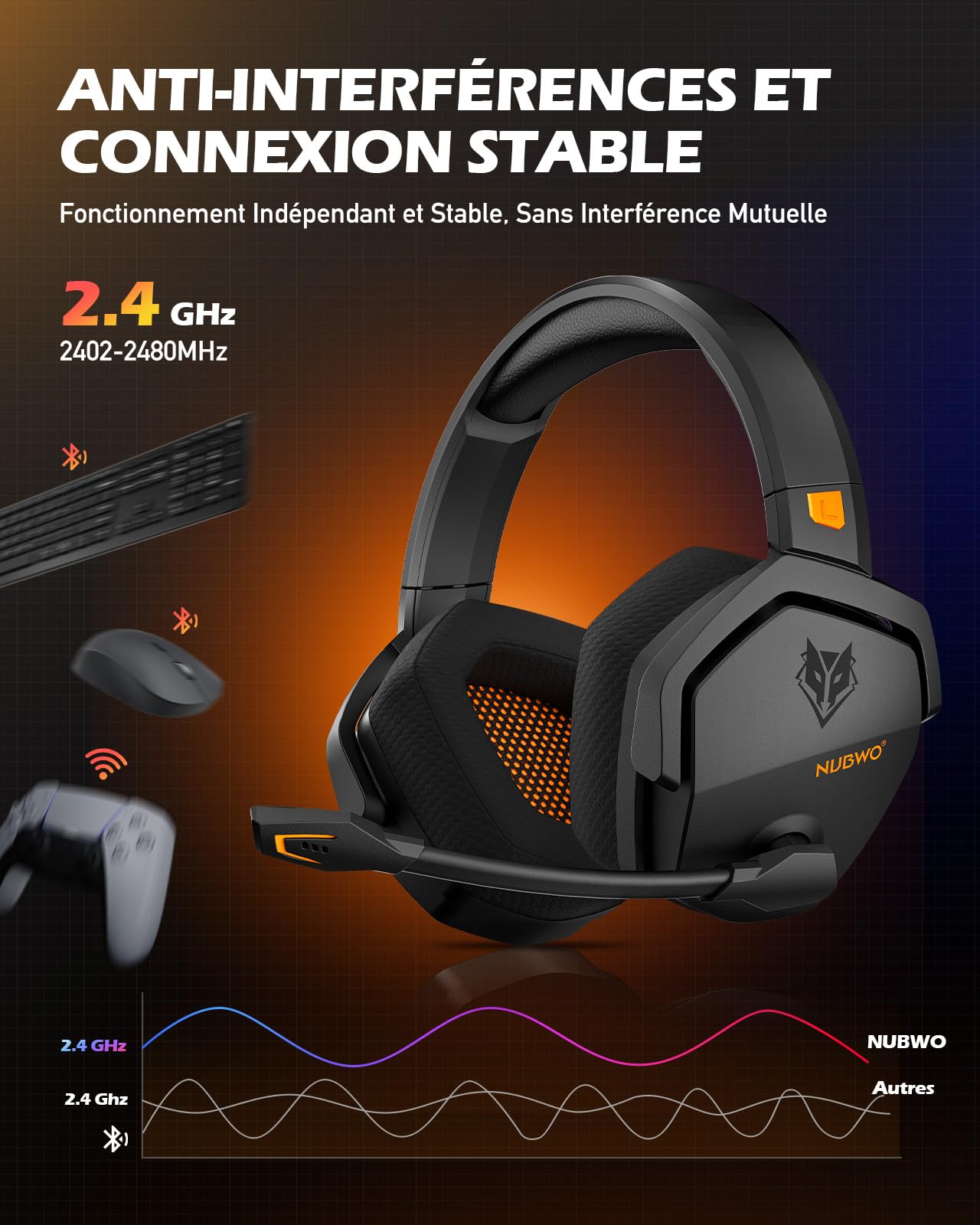 NUBWO G06 Double Casque Gaming sans Fil avec Microphone pour PS5, PS4, PC, NS, Mobile: 2,4 GHz Wireless + 5,3 Bluetooth - Batterie de 100 Heures - Pilotes de 50mm - Orange