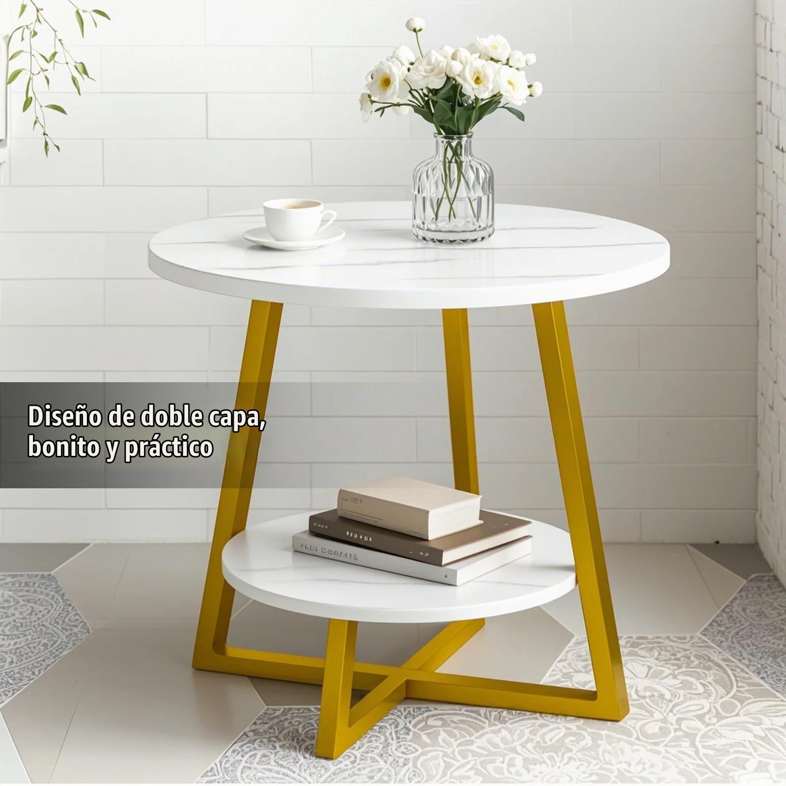 Mesa de Centro Redonda Nido,Mesas Auxiliares de Sofá con Acento Moderno, con Marco de Metal Cruzado y Tablero de Densidad para Sala de Estar, Dormitorio, Ofici (Marco Blanco y Dorado)