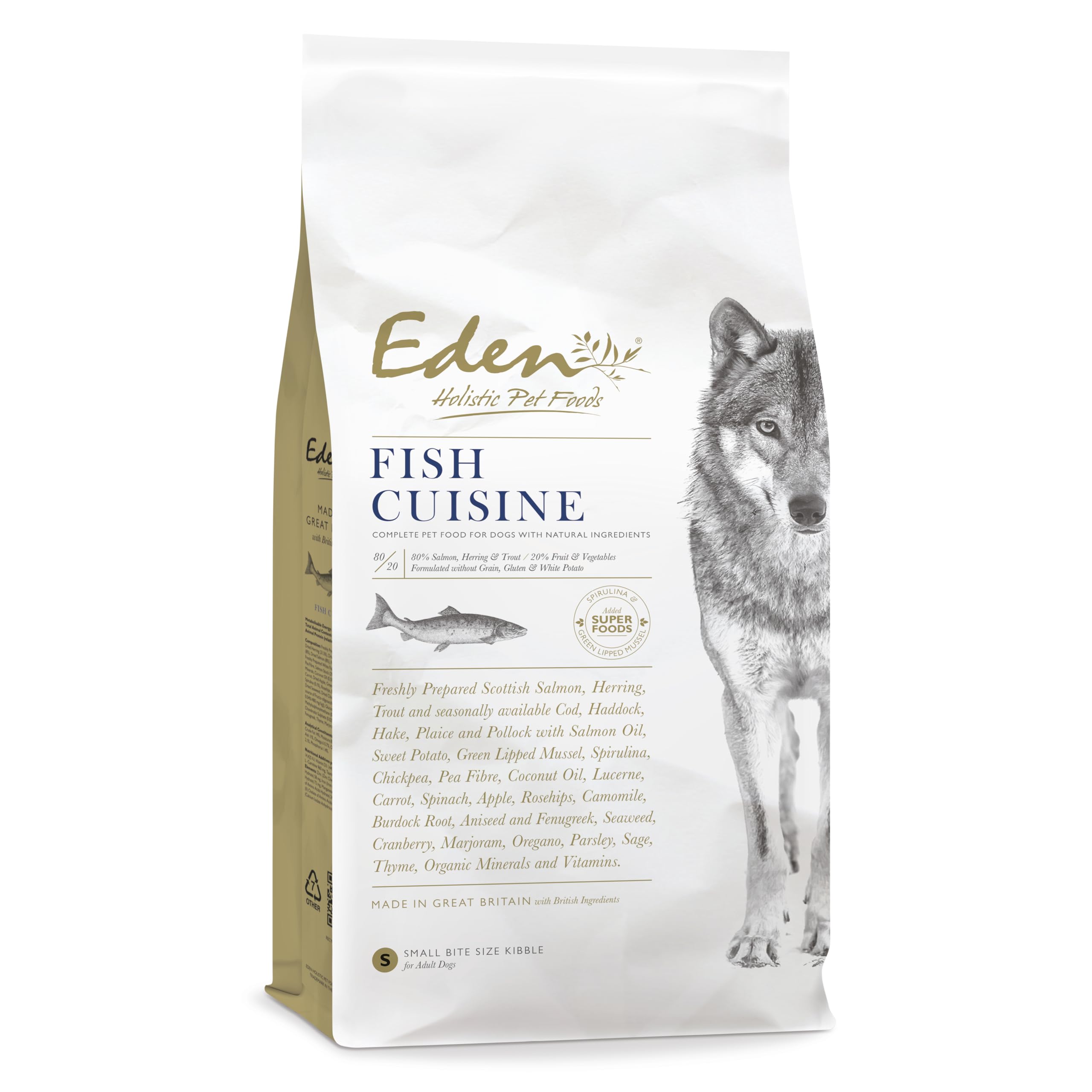 Eden Fish Cuisine 6kg Small Kibble. Premium Dry Dog Food for Adult & Senior Dogs - Salmon, Herring, Trout, White Fish, Green-lipped mussel & Spirulina, perfect for dogs with sensitive stomachs.