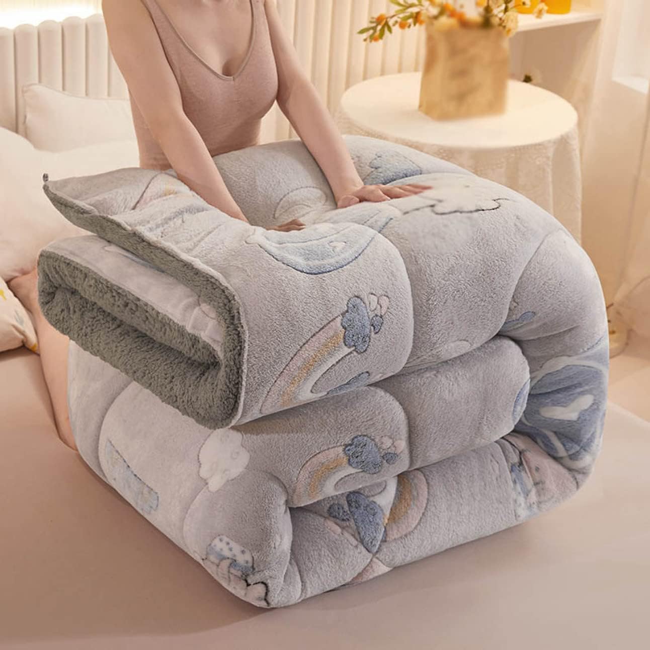 ダブルサイズ 羽毛布団 中綿入り 羊革風 裏起毛 カラフル 厚手 発熱