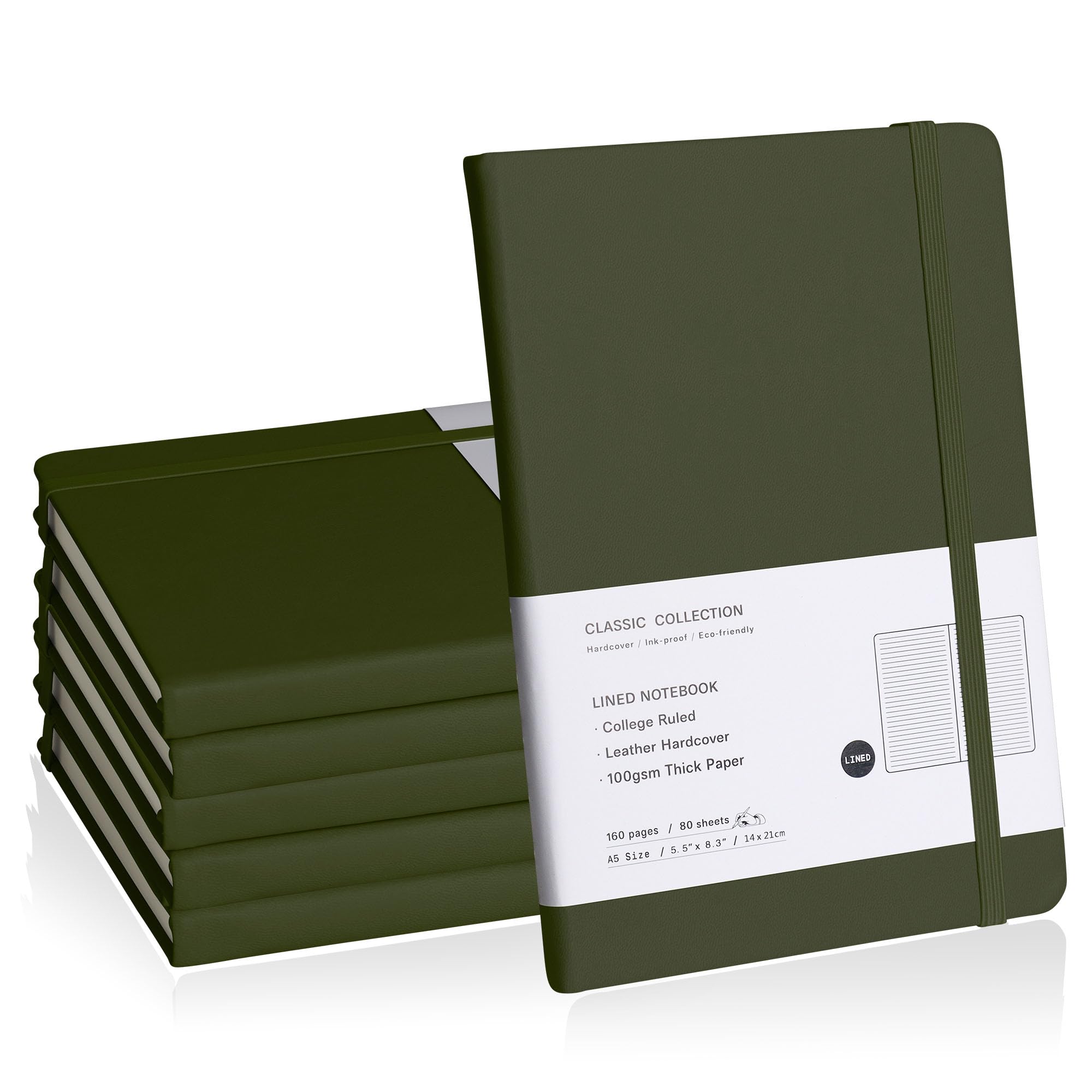 EMOMAS Lined Journal Notebook, 6Pack(Olive Green), 160 Pages, Medium 5.7 inches x 8 inches - 100 gsm Thick Paper, Hardcover