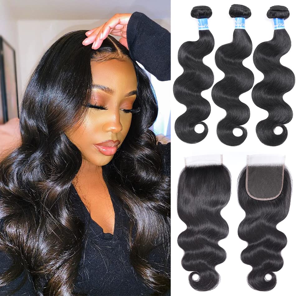 Panse Hair Lace Closure 5x5 Free Part Closure with 3 Bundles, Peruvian Body Wave 100% Human Hair with Lace Closure with Baby Hair 1B Color (20 22 24+18inch)