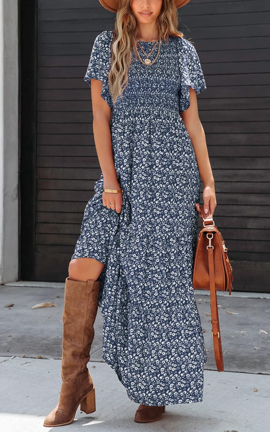 PRETTYGARDEN Women's 2026 Spring Casual Flutter Short Sleeve Boho Floral Maxi Dress Crew Neck Smocked Tiered Long Dresses - Image 2