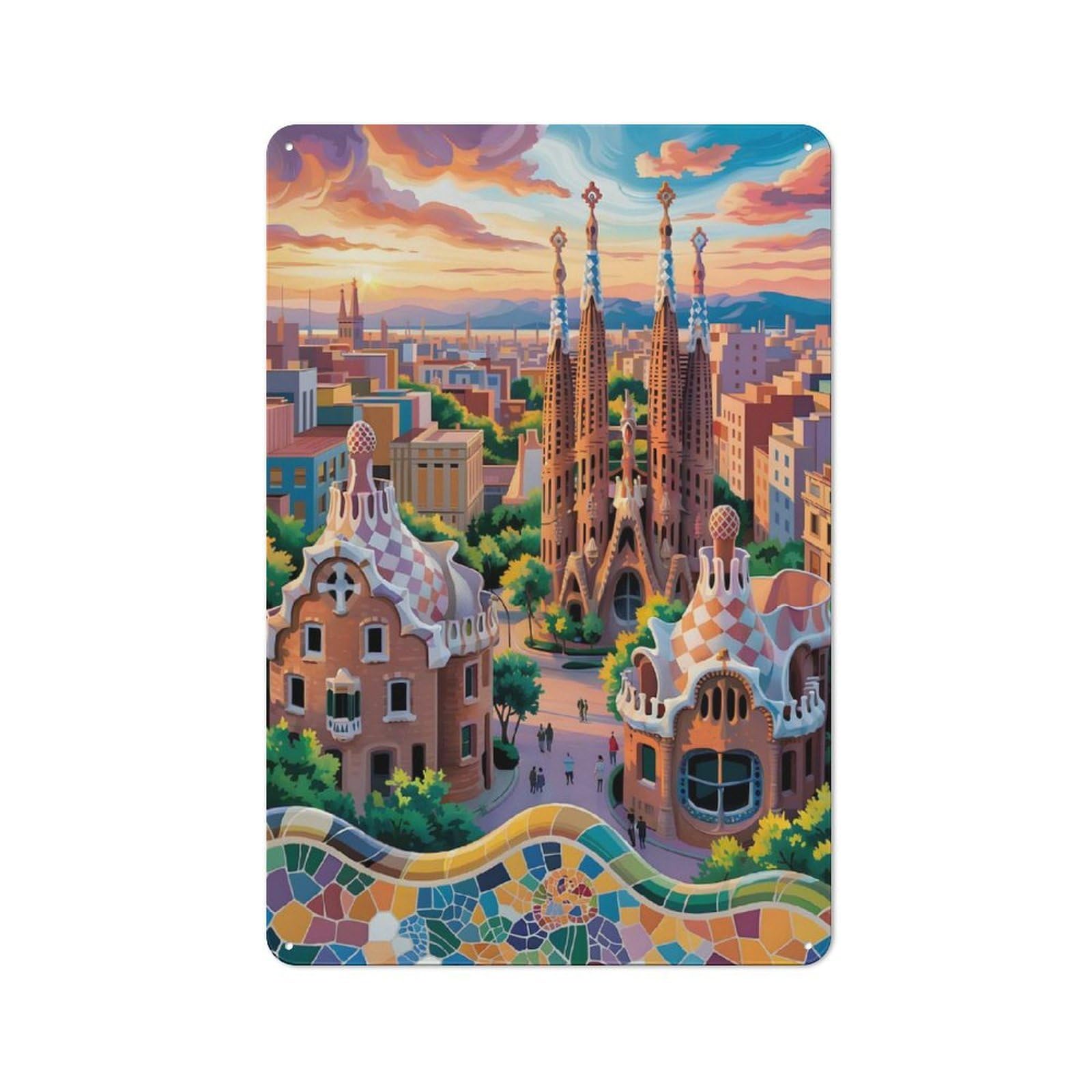 Barcelona Cityscape with Sagrada Familia(3) Decorative Metal Wall Decor 30x20cm, Decorative Tin Plaque for Bedroom, Kitchen, Office Or Living Room