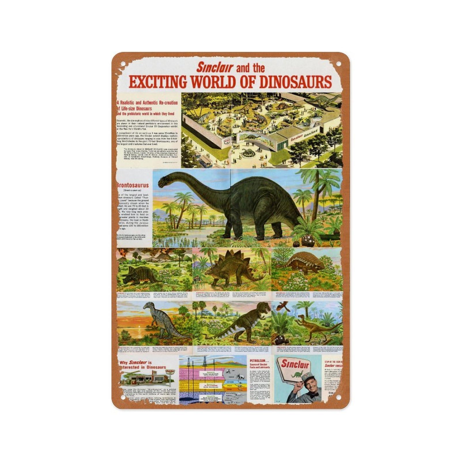 peiyeety 1967 Sinclair Oil'S Exciting World Of Dinosaurs Brochure Vintage Metal Tin Sign Retro Art Wall Decor, for Home Cafes Office Store Karaoke Pubs Club Sign Gift Plaque 8X12 Inches
