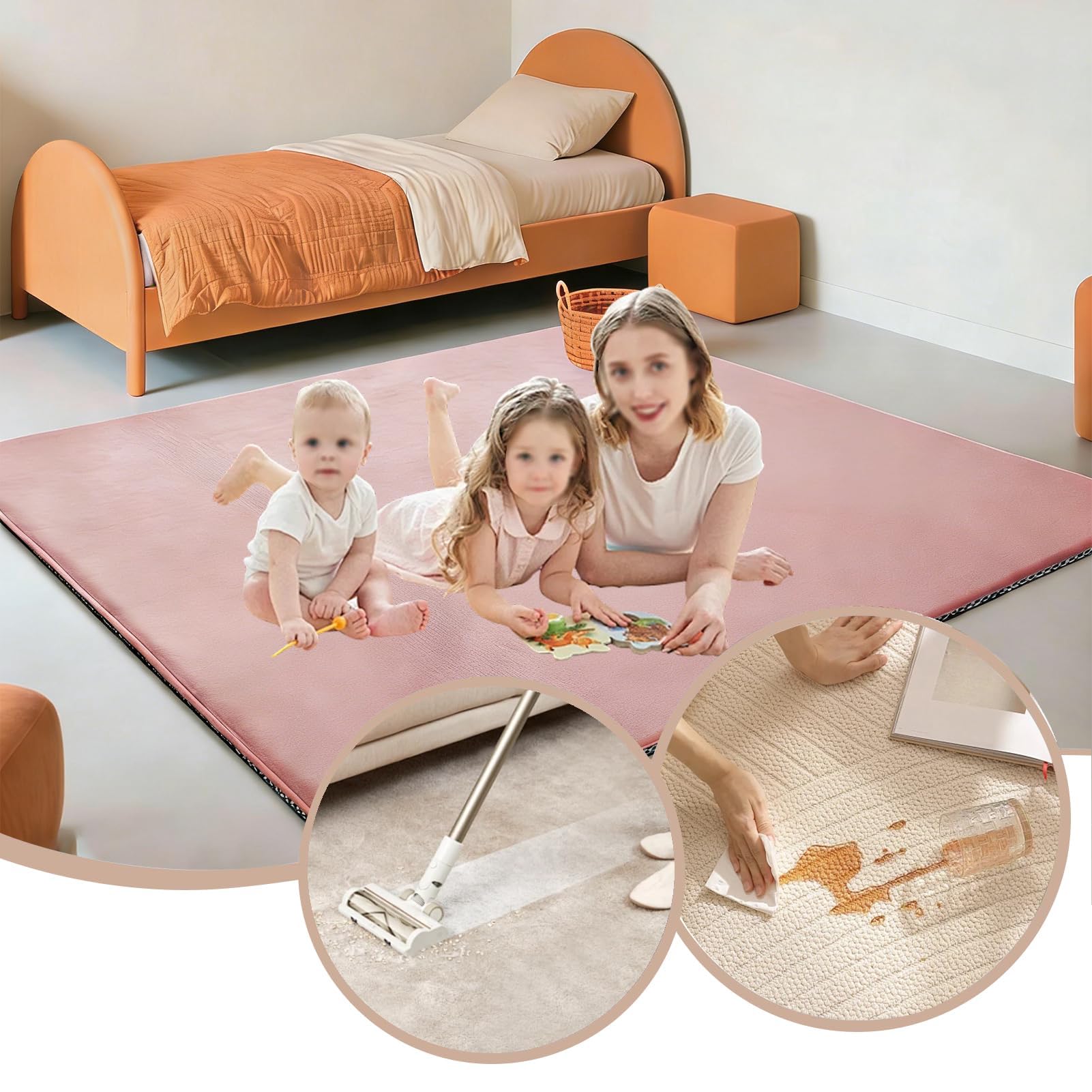 Tappeto Gioco Bambini Pieghevole 180 x 200 cm Rosa, Tappetino Gattonamento Neonato, Antiscivolo e Impermeabile Tappetino Gattonare Bambini in Velluto di Corallo