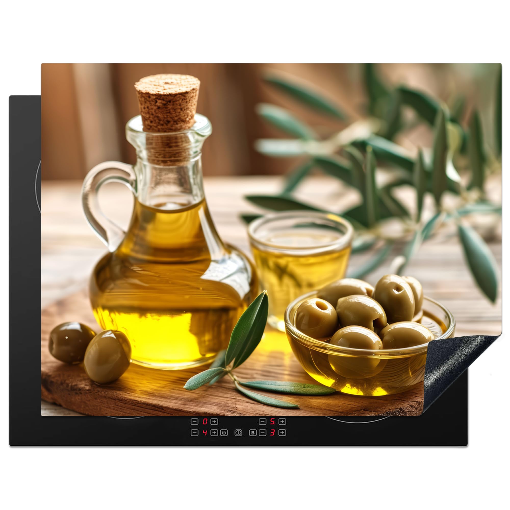 KitchenYeah© Induction Hob Protector Mat 23.2"x30.3" / 77x59 cm Stove Cap Top Cover Kitchen Cooker Covers for Electric Hobs Vinyl Olives - Shelf - Olive Oil - Leaves