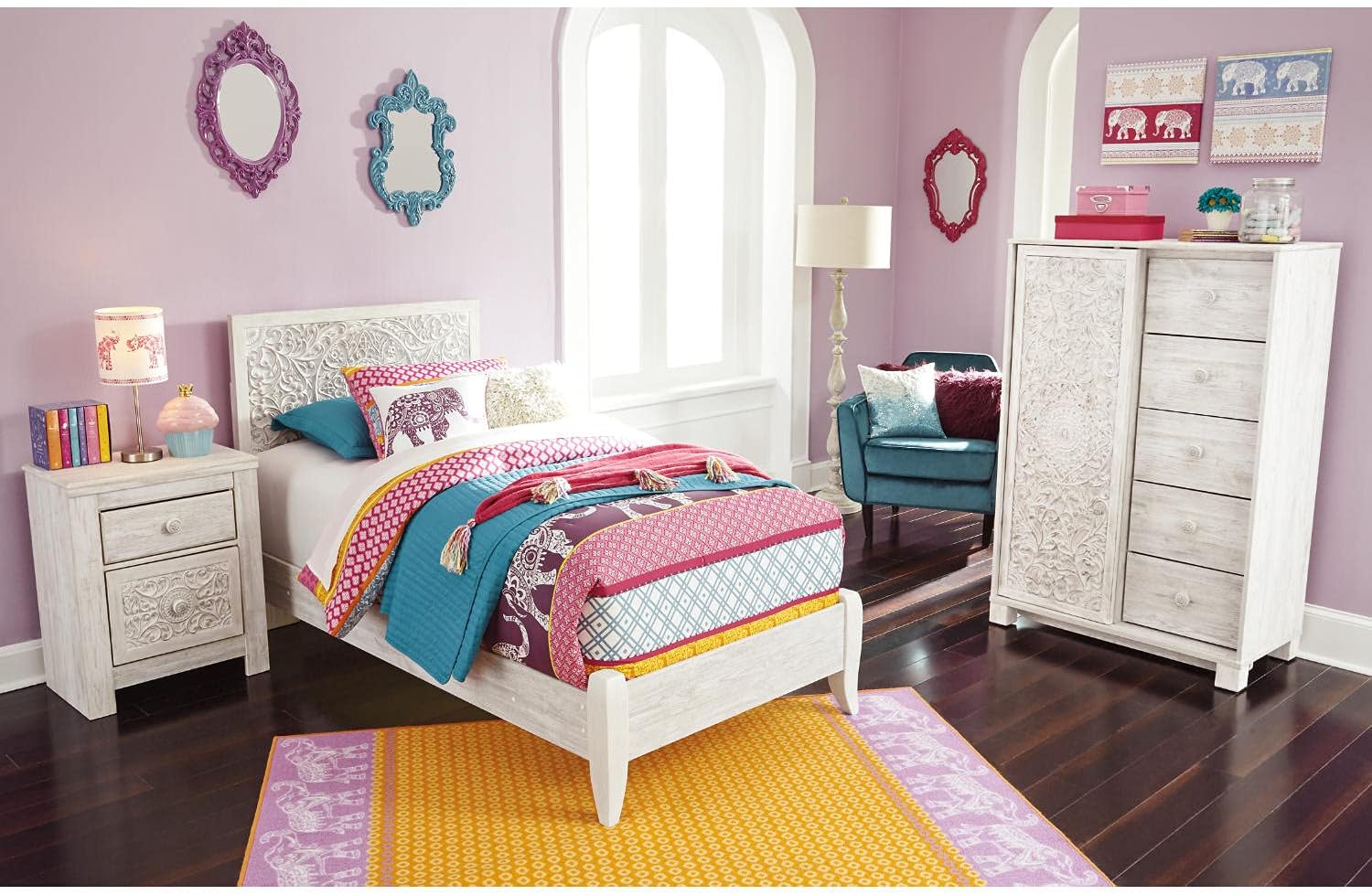 Signature Design by Ashley Paxberry Boho 2 Drawer Nightstand with 2 Slim-Profile USB Charging Ports, 29.21" Tall, Whitewash