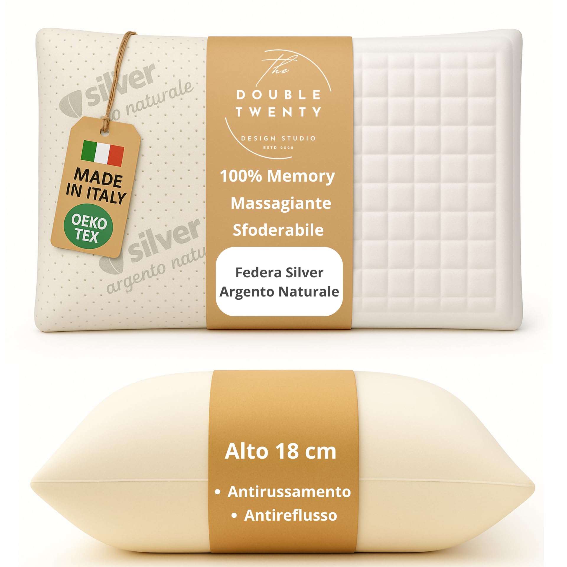 The Double Twenty Cuscino Antirussamento in Memory Foam | Alto 18cm | Antireflusso | Ergonomico e Traspirante | Supporto Ottimale per Collo e Cervicale | Fodera Ipoallergenica in Argento Naturale |