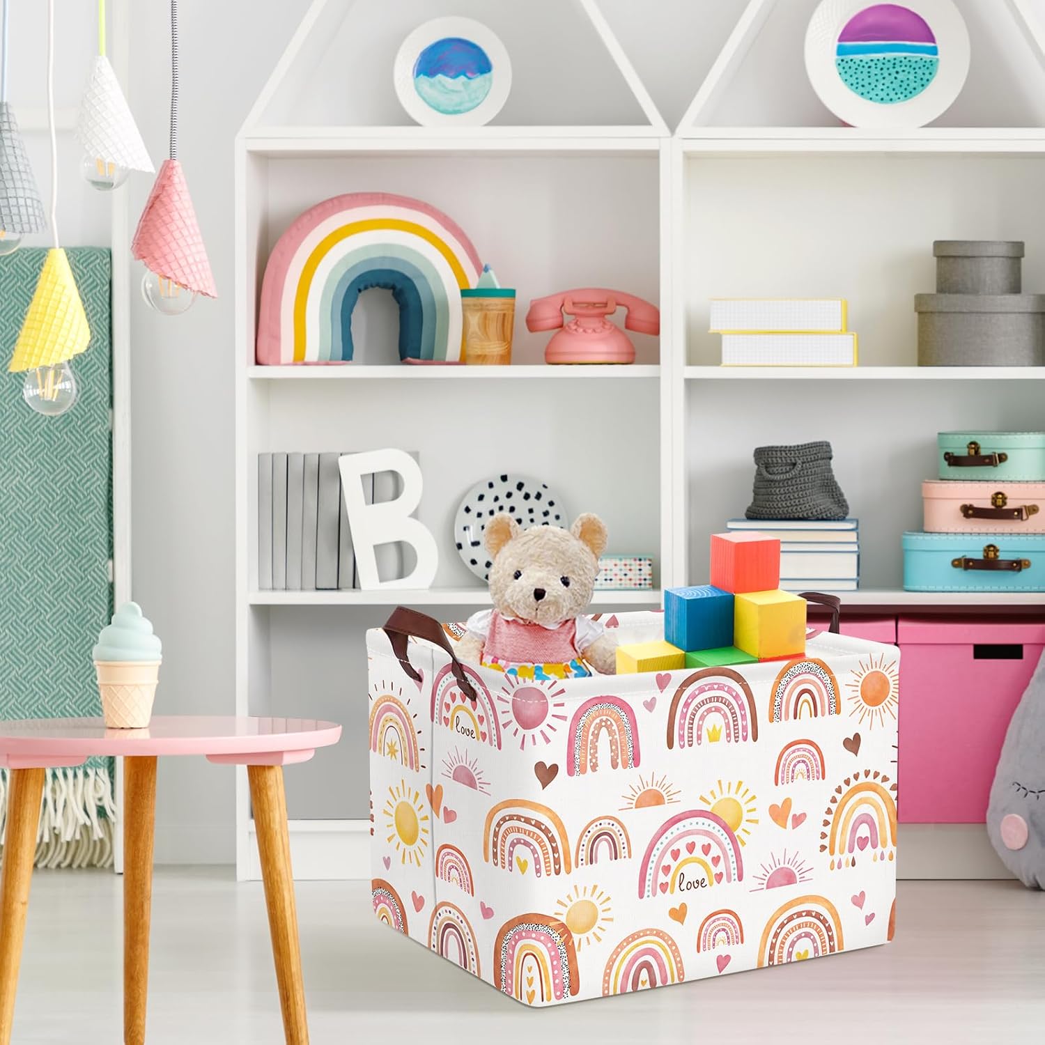 Clastyle Rectangular Boho Rainbow Storage Basket Pink Purple Sun Heart Girl Clothes Hamper Toy Book Shelf Basket for Kid Room Decor Kindergarten