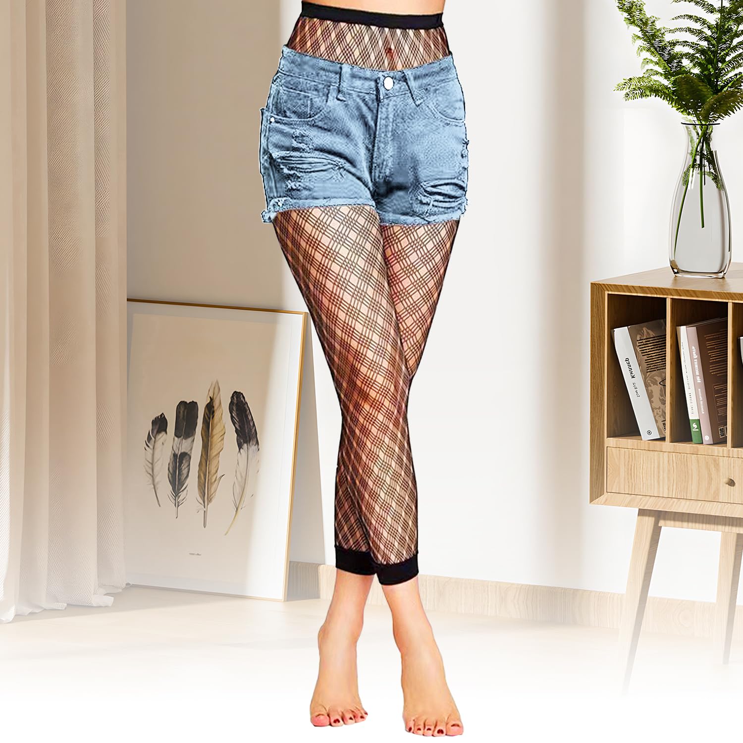 Fohevers Womens Footless Fishnet Tights High Waisted Fishnet Stockings No Toes Pantyhose for Festival Cosplay Halloween Four-line grid - Image 2