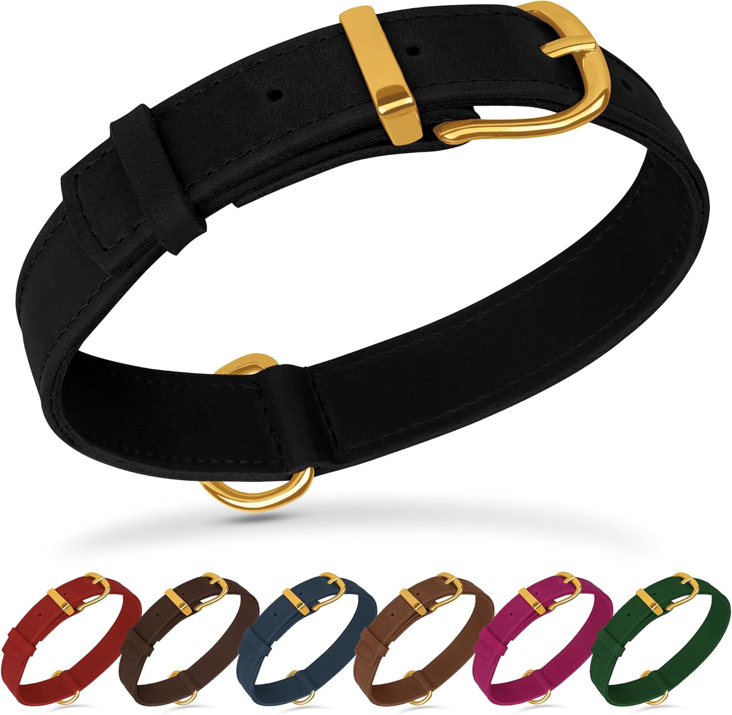 Leather Dog Collar - Heavy Duty Adjustable Soft Padded Pet Collars for Small Medium Large Dogs Breed - Black Green Brown Pink Red Blue (Black, XL, 19"-24" Neck Fit)
