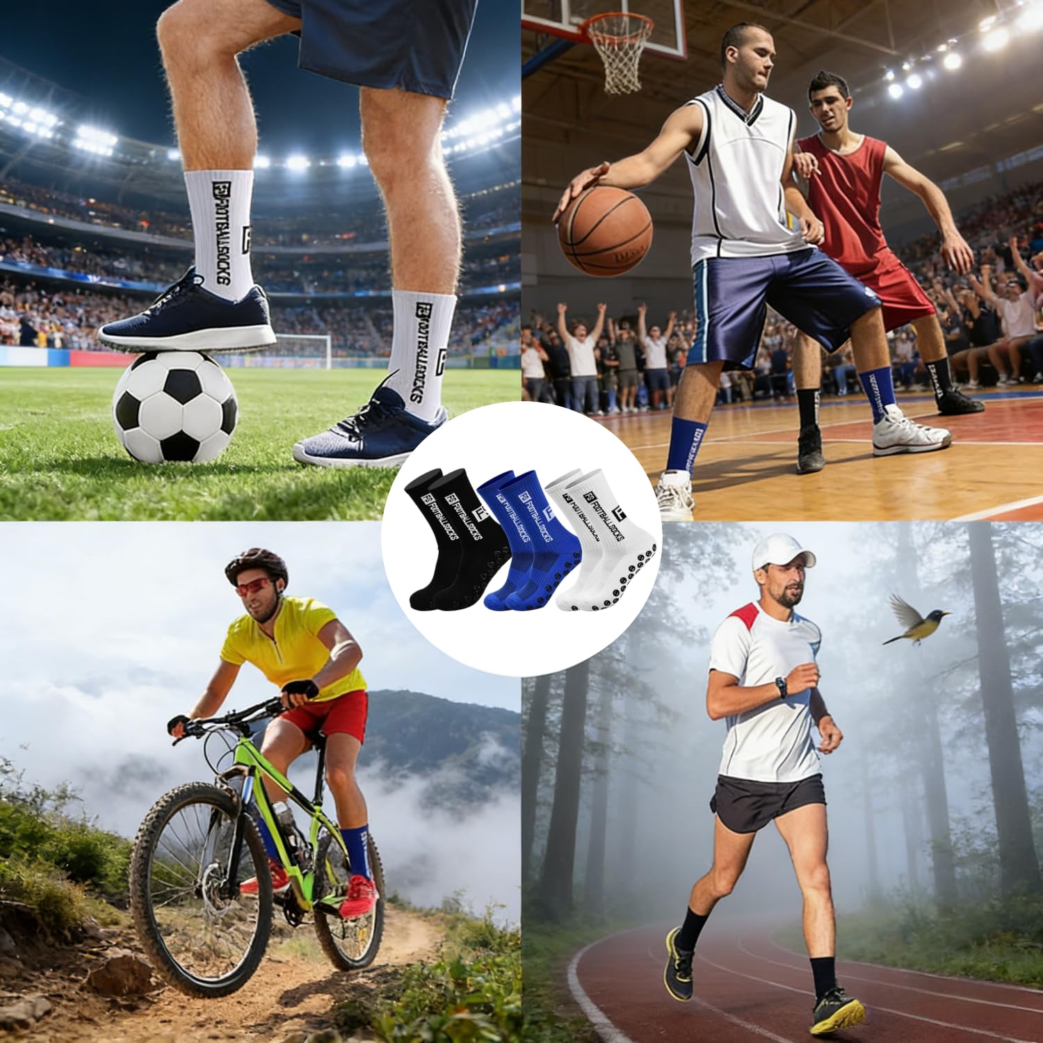 Alfven 3 Paires Chaussette Antidérapante Foot, EU 39-46 Chaussettes Antidérapantes Homme Respirantes Chaussette Foot Évacue la Transpiration pour Sport et Quotidien