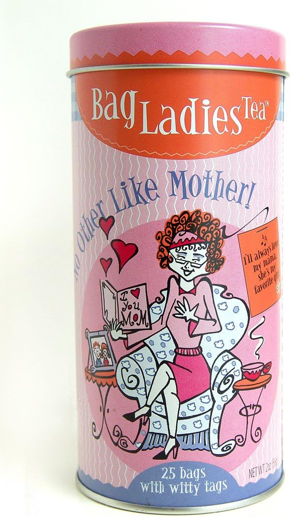 Bag Ladies Tea No Other Like Mother Tea Tin, contains 25 Teabags individually tagged with thoughtful and amusing quotes