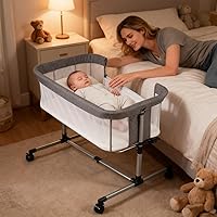 Vista 1 de Cuna de cuna con ruedas, cuna para bebé con 5 alturas ajustables, moisés 2 en 1, malla completa transpirable y colchón, cama estable y segura