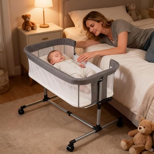 Baby Bassinet Bedside Sleeper, 2-in-1 Bedside Bassinet with Wheels, 5