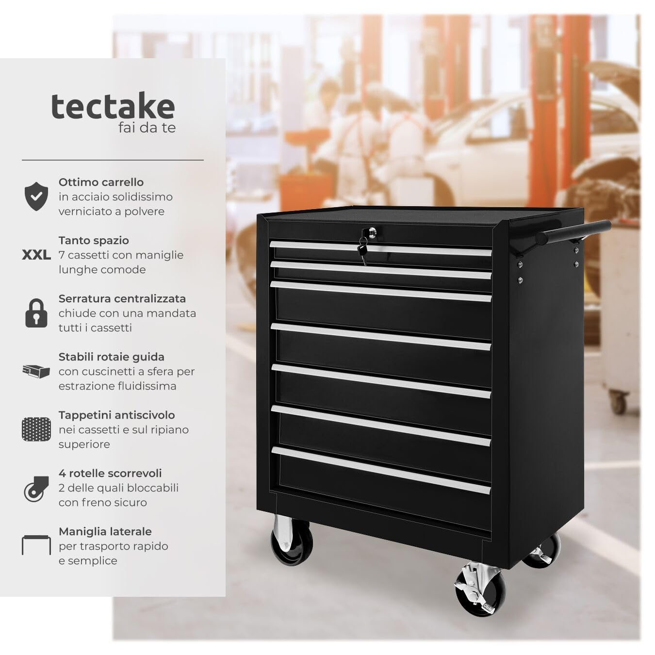 tectake® Carrello Portautensili, Carrello, Porta Attrezzi Officina con Ruote, 7 Cassetti, Carrello Porta Attrezzi, Attrezzatura Officina, Attrezzi da Lavoro - Nero