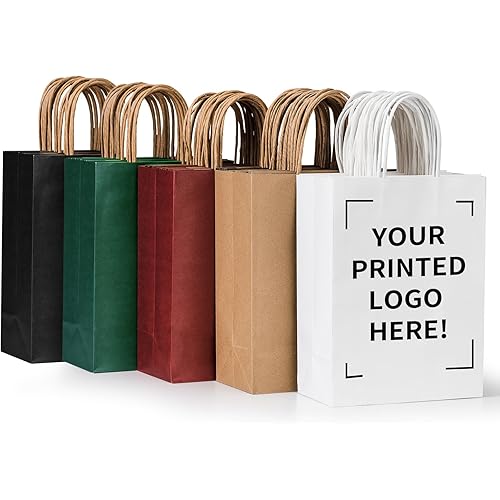 METAPRINT 50 PCS Custom Printed Kraft Paper Bags for Small Business, 8x4.5x10.8 Inch Medium Size, Personalized Retail Gift Bags with Logo, Brown Shopping Paper Bag with Handle, Goodie Bag