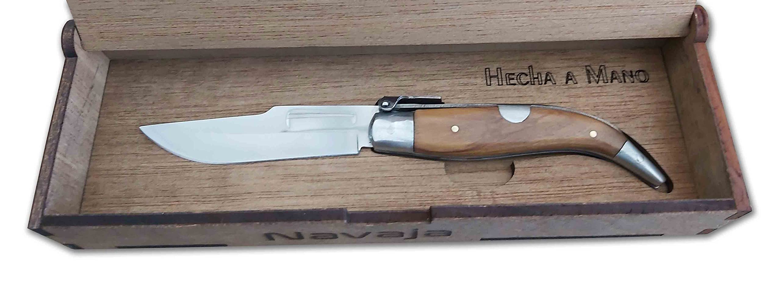 Navaja Teja Madera Natural Olivo 8,5 cm. Modelo Albacete Personalizada con tu Nombre. ALBAINOX