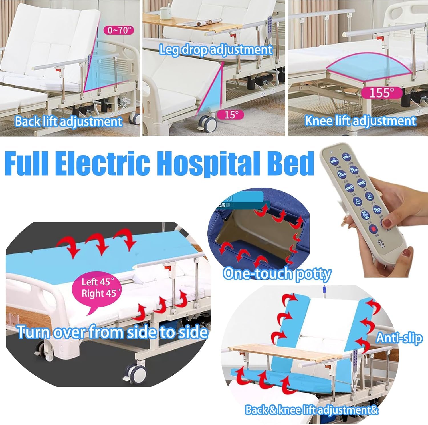 10-Funktionen-Voll‑elektrisches Pflegebett mit Seitenneigung, Krankenhausbett mit Matratze, Verstellbaren Seitengittern, Esstablett, Infusionsständer, Bettpfanne, Feststellrollen, Tragkraft bis 250 kg