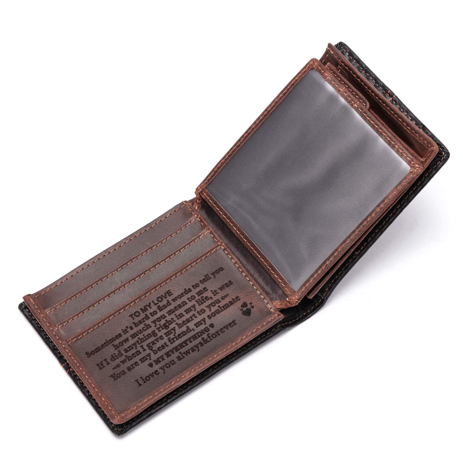 FeiYenPersonalized Engraved Wallet for Boyfriend Husband from Wife Girlfriend - Christmas Anniversary Valentines Day Birthday Wedding - I Love You - Men Bifold Leather Wallets with Romantic Message