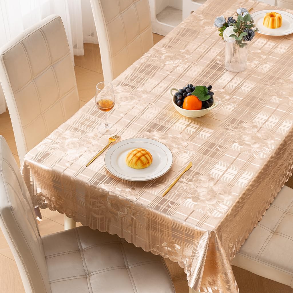HOKIPO PVC Waterproof Table Cloth Cover for 4 Seater Dining Table | Printed Floral Tablecloth, 55x71 inches, Camellia Rose Gold (AR-6357-D4)-image-17