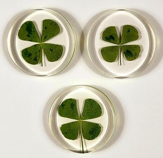33mm Real Four Leaf Clover Shamrock in Round Crystal Clear Lucite Resin Token Specimen St.Patrick's Day Lucky Leaf Coin Gift Crafts Collection for Botany Science Education & Desk Ornament Display
