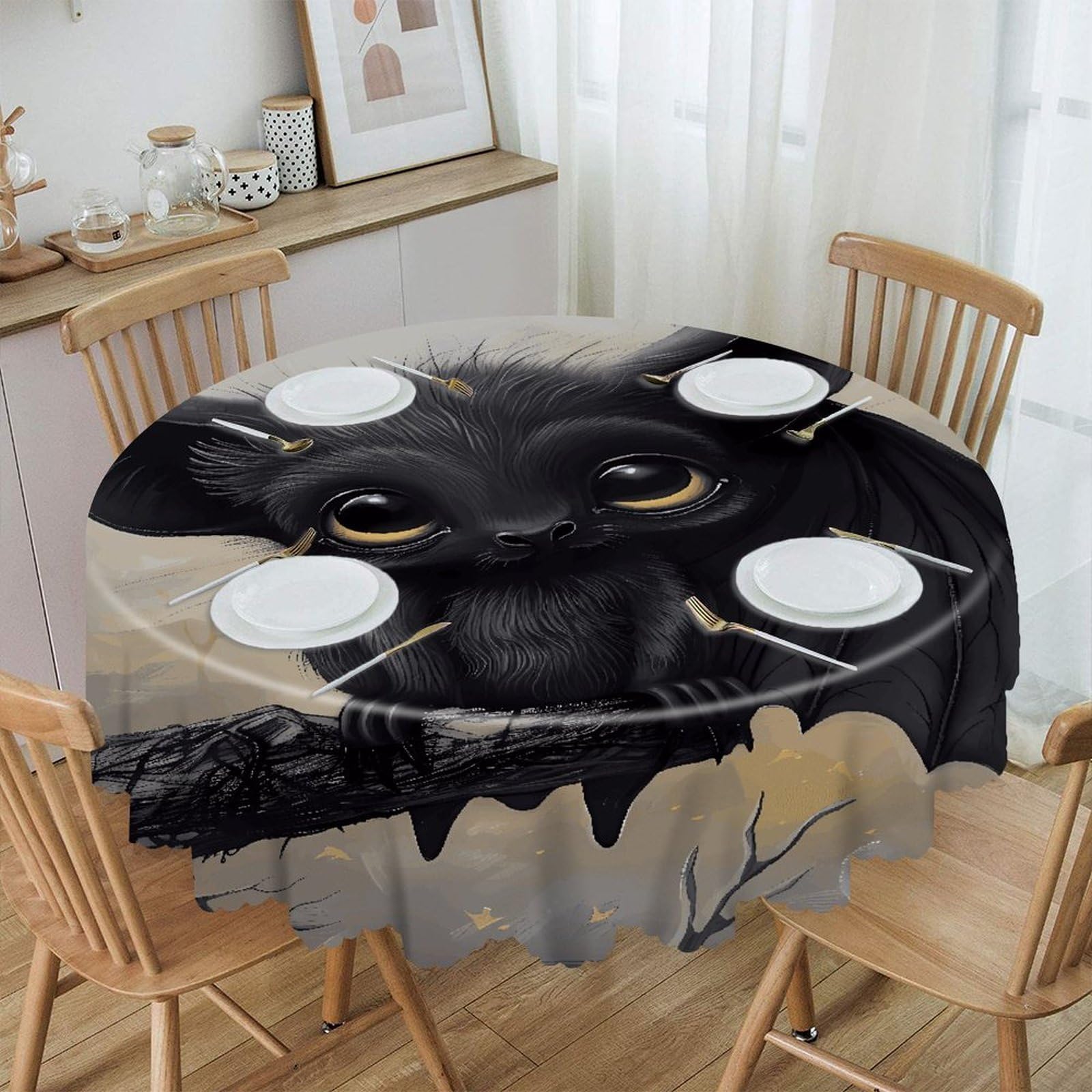 VstaDank Bat Round Tablecloth Wipeable Round Polyester Tablecloth Waterproof Wrinkle Free Indoor and Outdoor Table Cover 60 Inch Decorative Farmhouse Table Cloth for Dining
