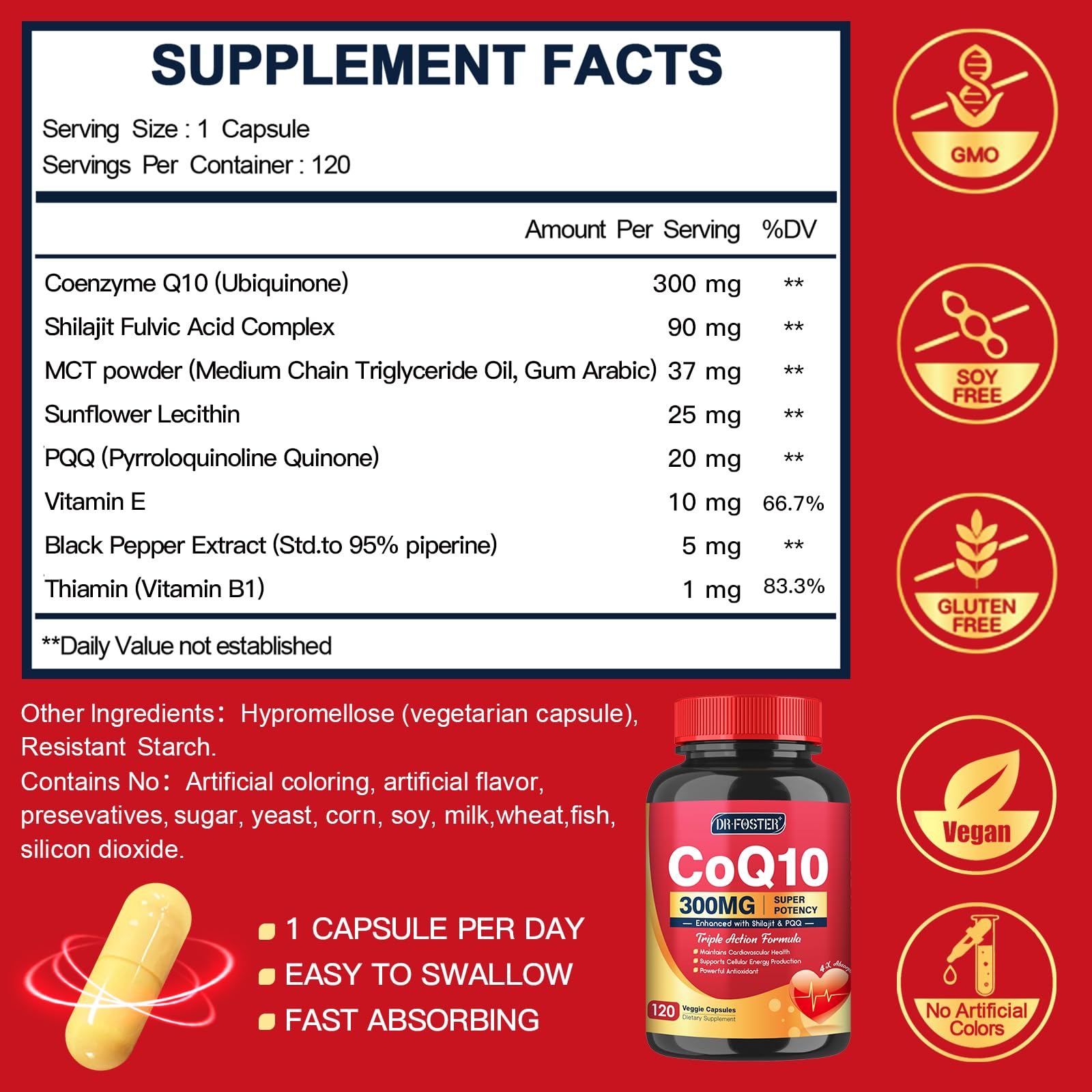 CoQ10 300mg with PQQ & Shilajit - Powerful Antioxidant for Heart & Brain Health and Energy Production - High Absorption with Bioperine Coenzyme Q10 Supplements - 120 Capsules
