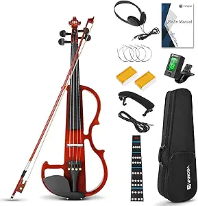 Vangoa Electric Violin, 3/4 Silent Electric Violin Kit for Beginners Adults Teens Solid Wood Electric Fiddle Starter Set, Red Color