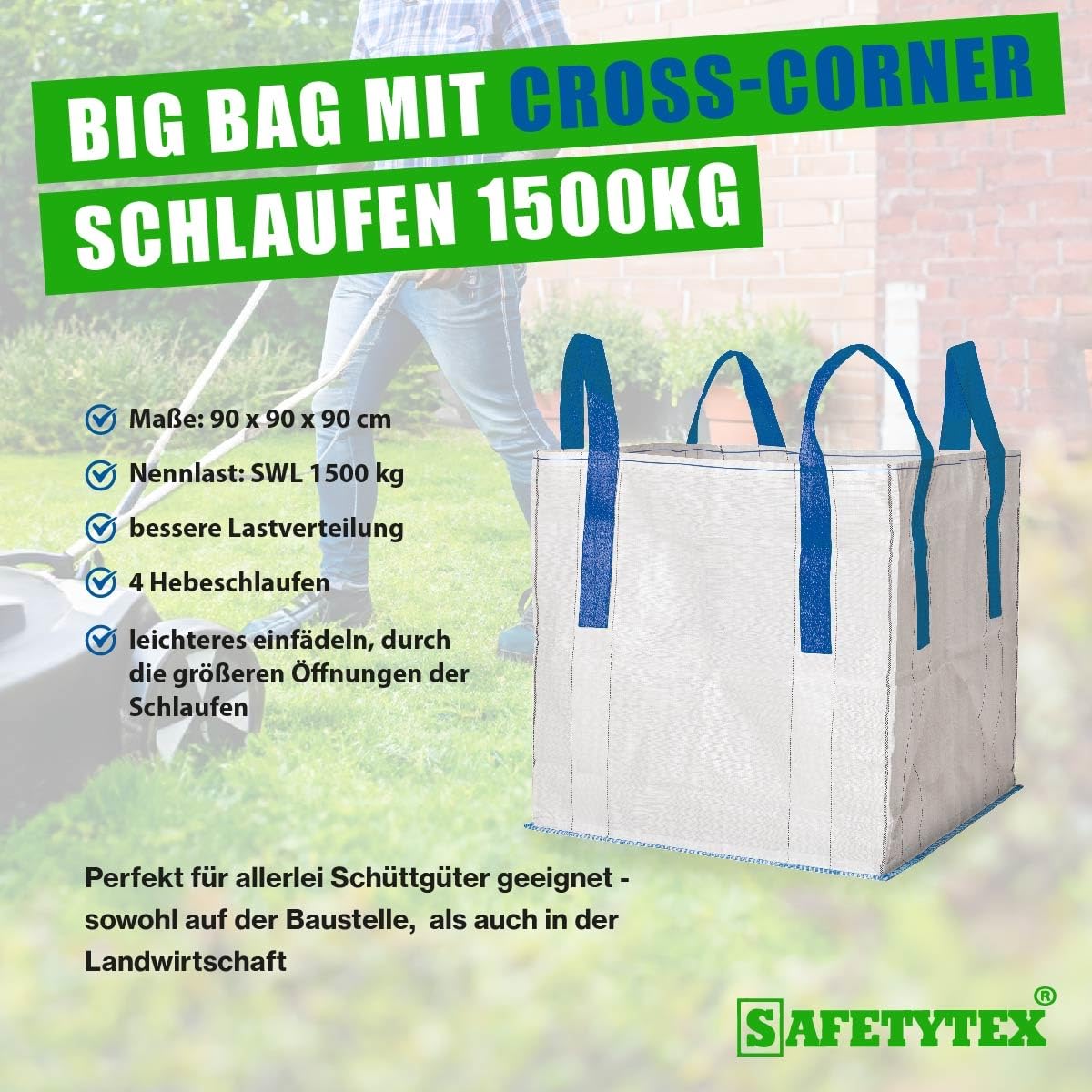 Safetytex Big Bag 90x90x90 cm mit Cross-Corner Schlaufen (10 Stück) | 1500 kg Tragfähigkeit, Schüttgutbehälter, Entsorgung, robuster Transportsack, stabile Hebeschlaufen, langlebig