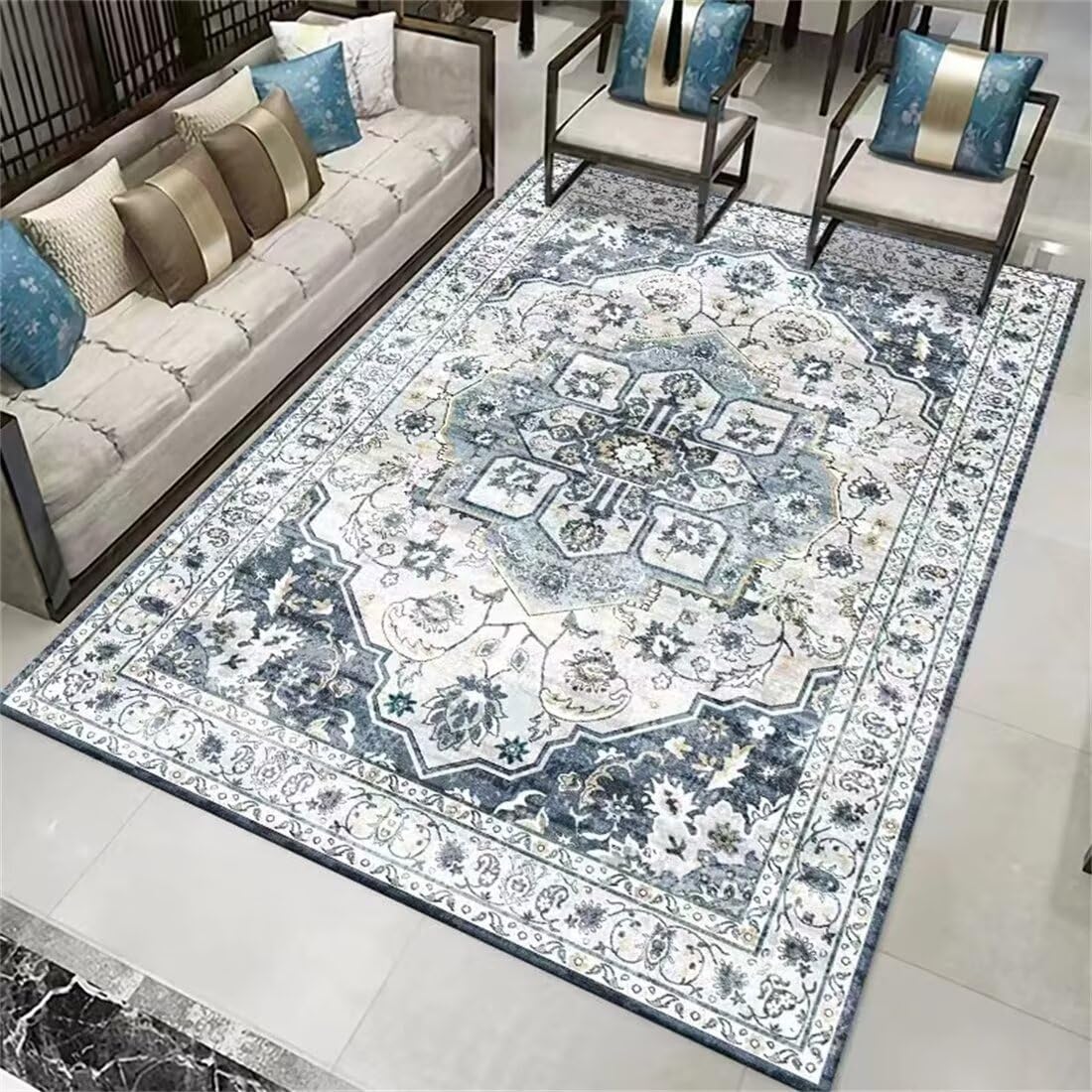 Tapis de salon rétro bleu lavable motif fleur 160x230 accessoire cuisine