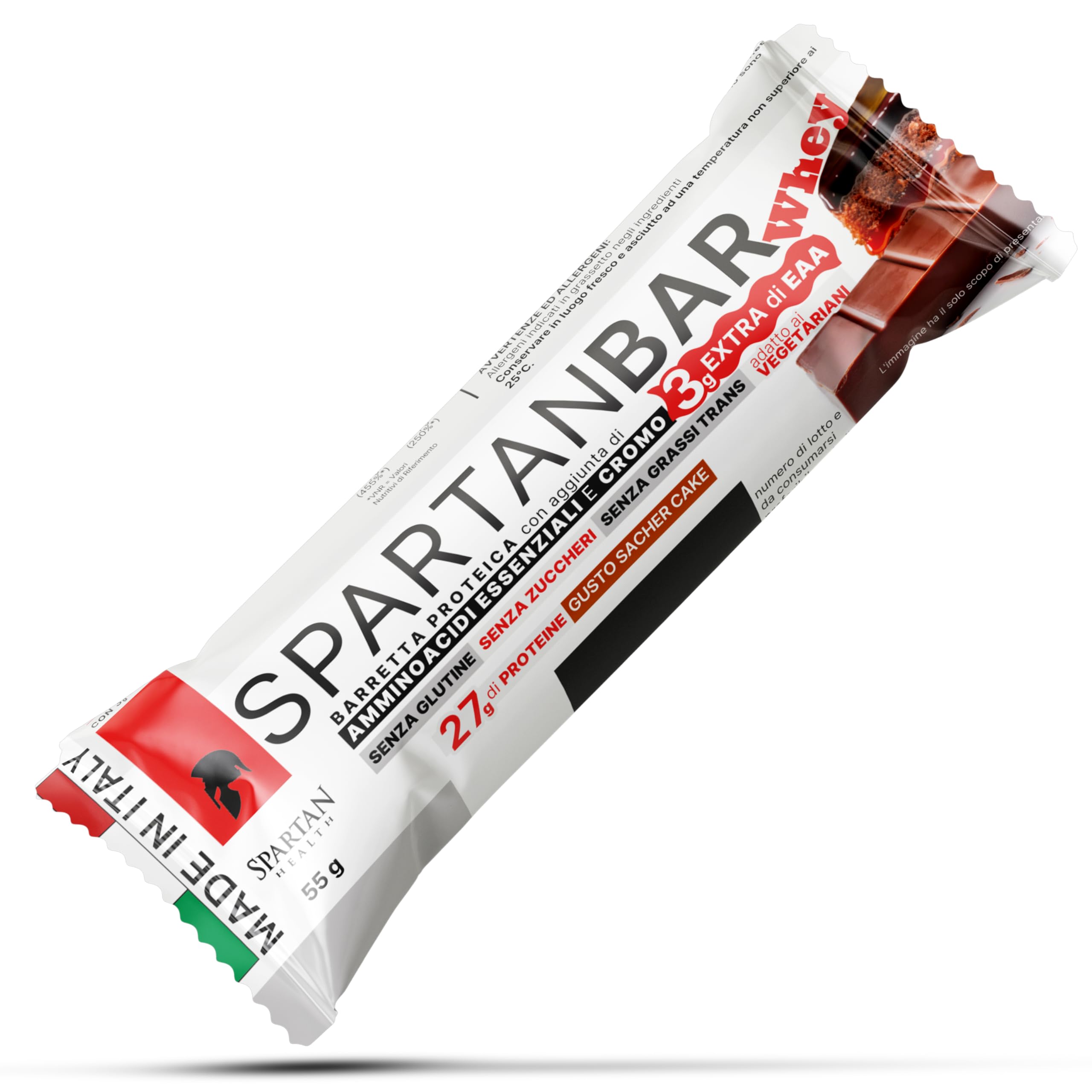 Spartan Health – Barrette con 27g di Proteine Isolate, 3g di EAA, 100mcg di cromo picolinato – Barrette Proteiche Senza Zuccheri Aggiunti e Glutine – Box 12x55g (Torta Sacher)