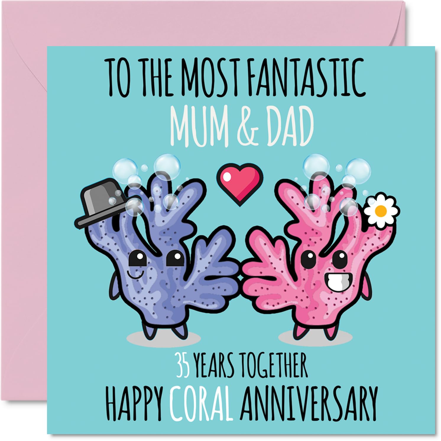 Cute Coral Anniversary Card for Mum & Dad - 35 Years Together - Happy 35th Wedding Anniversary Cards for Dad Mum, 145mm Greeting Cards Anniversaries
