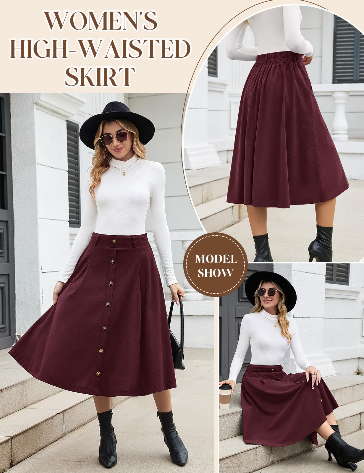 Damen Cordrock Hohe Taille Herbst Midi Rock