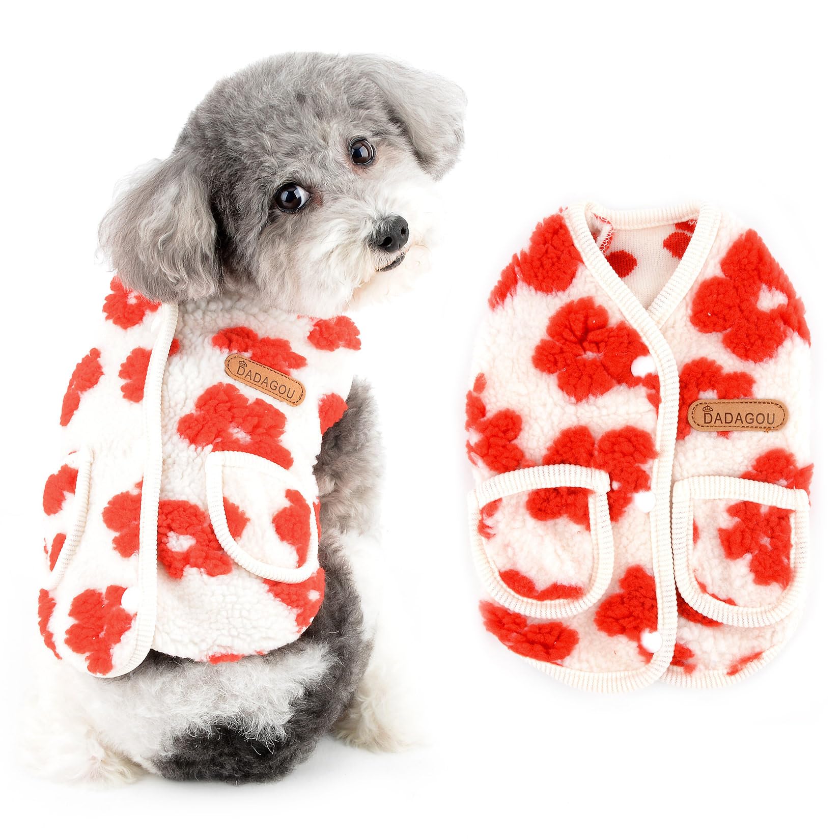 Ranphy Fleece Dog Sweater for Small Girls Floral Warm Pet Outfit with Double Pockets Back Open Puppy Vest Soft Autumn Winter Sweatshirt Chihuahua Yorkie Clothes Cat Apparel Red M