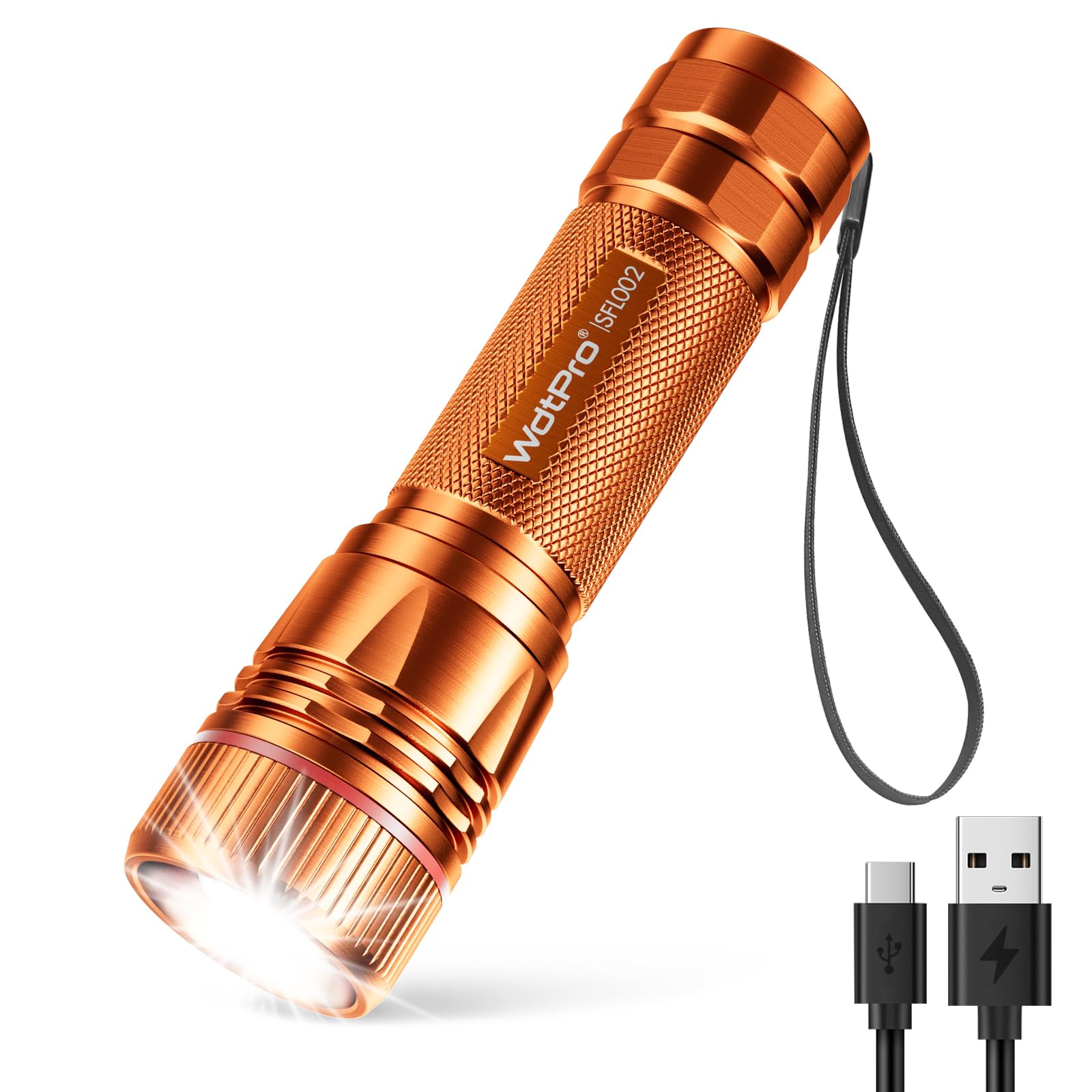 WdtPro Rechargeable LED Flashlight - 1 Pack Super Bright Tactical EDC Flashlight, 10H Runtime, IP65 Waterproof, Type-C Charging, Orange