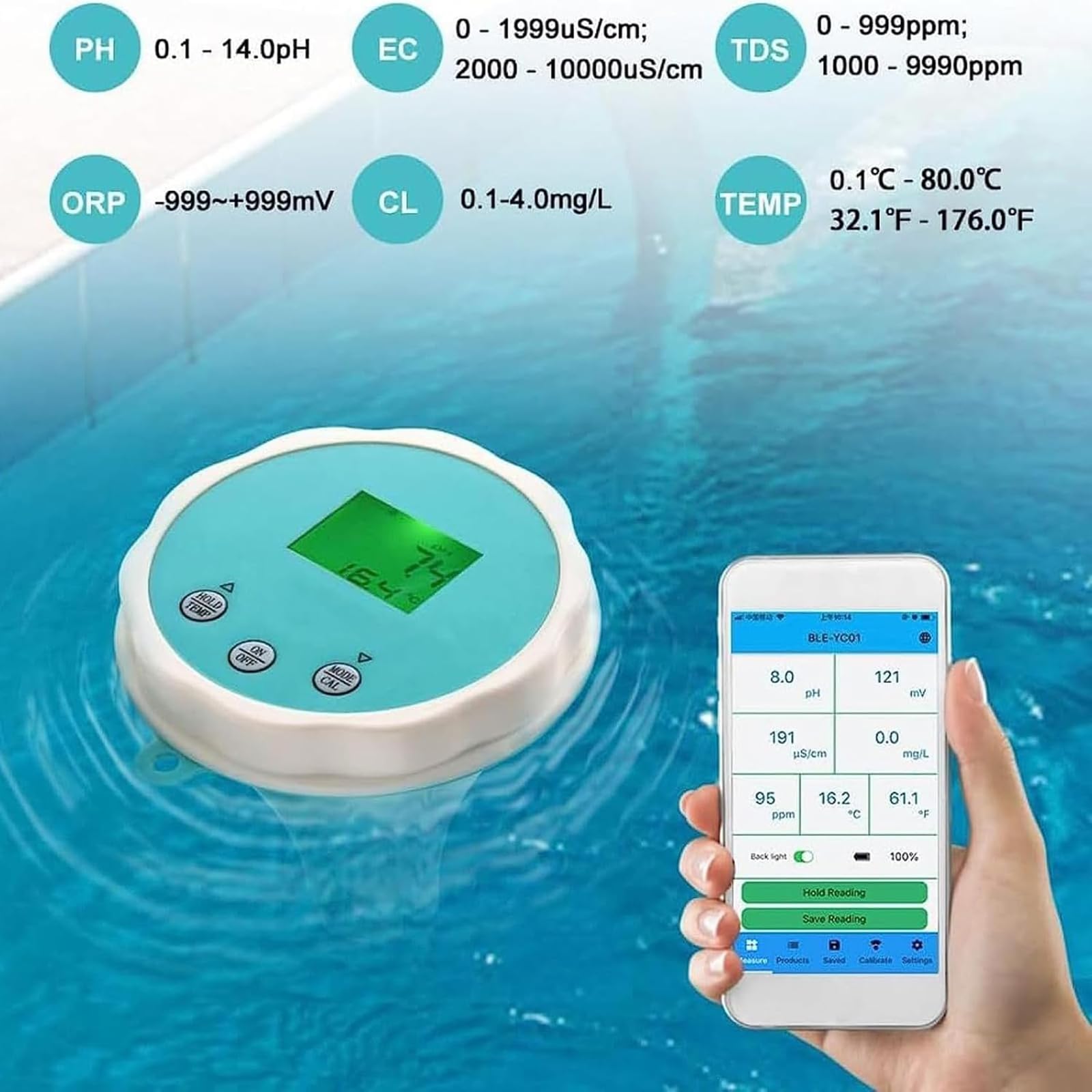Detector Calidad Del Agua, Probador Calidad Del Agua Piscina Wimming, Medidor 6 En 1 Con Bluetooth, Medición Profesional PH, Redox, Cloro, EC Temperatura, Adecuado Para Agua Potable Casa, Hidroponía