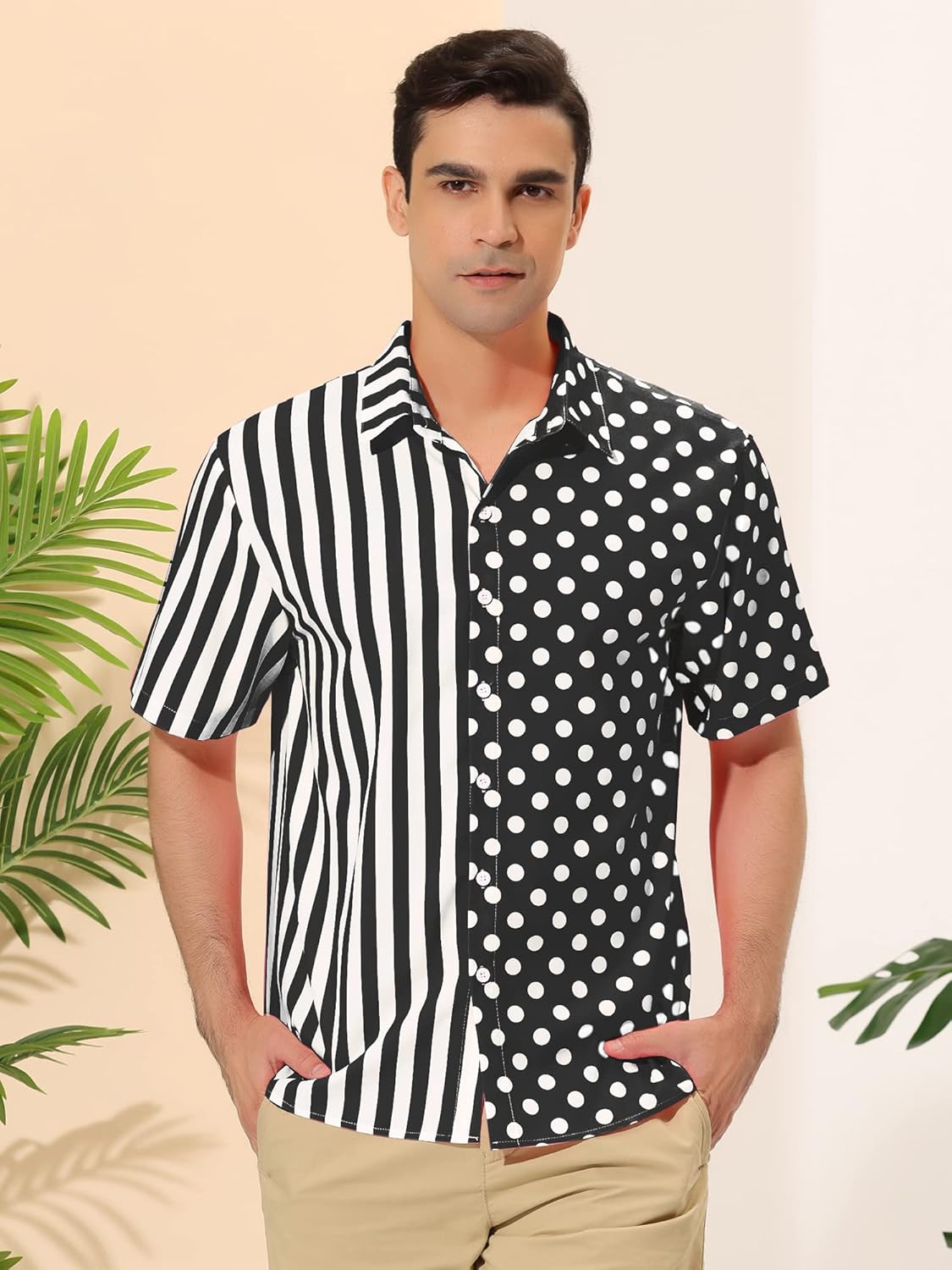 Lars Amadeus Men's Summer Stripe Polka Dots Short Sleeves Button Patchwork Hawaiian Shirt - Image 2