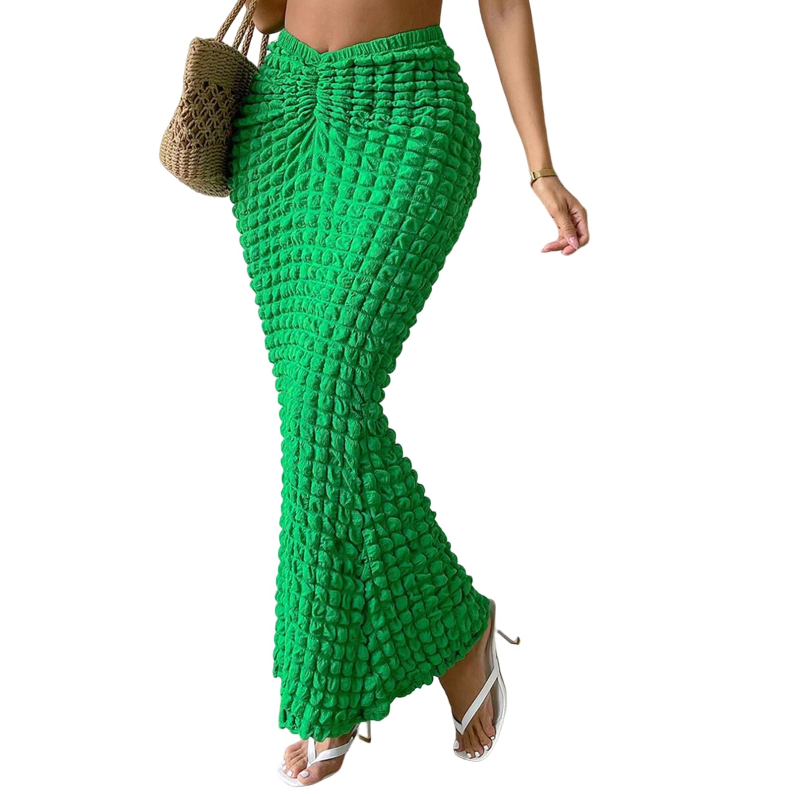 Novaorily Womens Elegant Casual High Waisted Pleated Textured Fishtail Wrap Maxi Skirts Beach Club Sexy Vacation Outfits