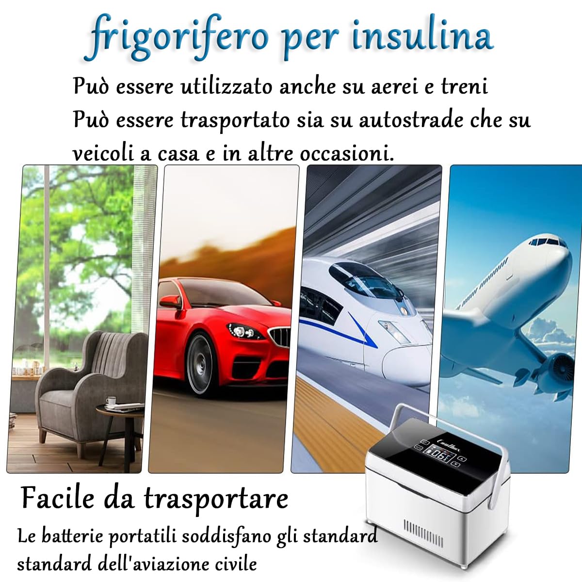 Frigorifero per medicinali, scatola frigo per insulina portatile con 3 batterie, mini termostato ampio spazio di refrigerazione per auto, viaggi, borsa termica per uso medico domestico