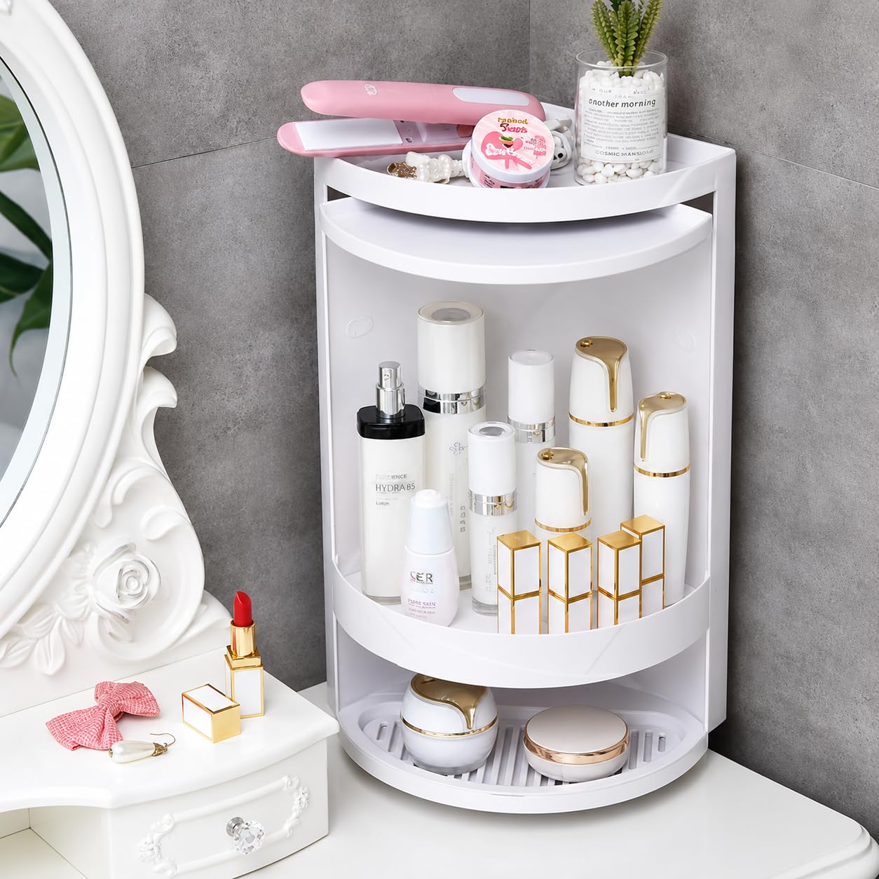 Bathroom Corner Cabinet | Rotating Wall Mounted Plastic Storage Shelf | Space Saving Organizer for Bathroom, Kitchen, Toiletries & Cosmetics | White | 62 x 23 x 23 cm-image-35