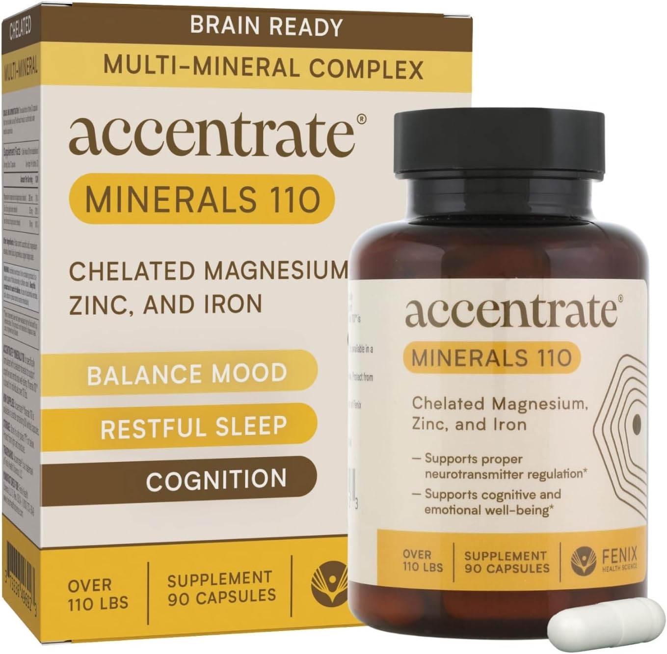 Accentrate Minerals 110 - Brain Ready Nutrition for Teens and Adults – Chelated Magnesium, Zinc, Iron – Mental Wellness Mineral Supplement for Focus, Mood & Brain Support – 90 Capsules
