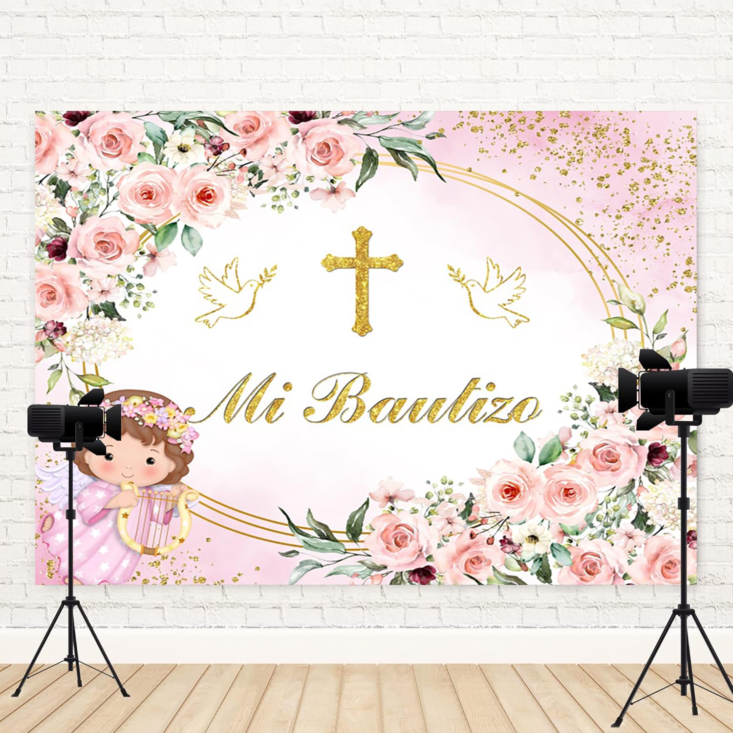 Fotohintergrund Für Babyparty – Motiv 'Mi Bautizo' Mit Goldenem Kreuz – 2,4x1,8 M