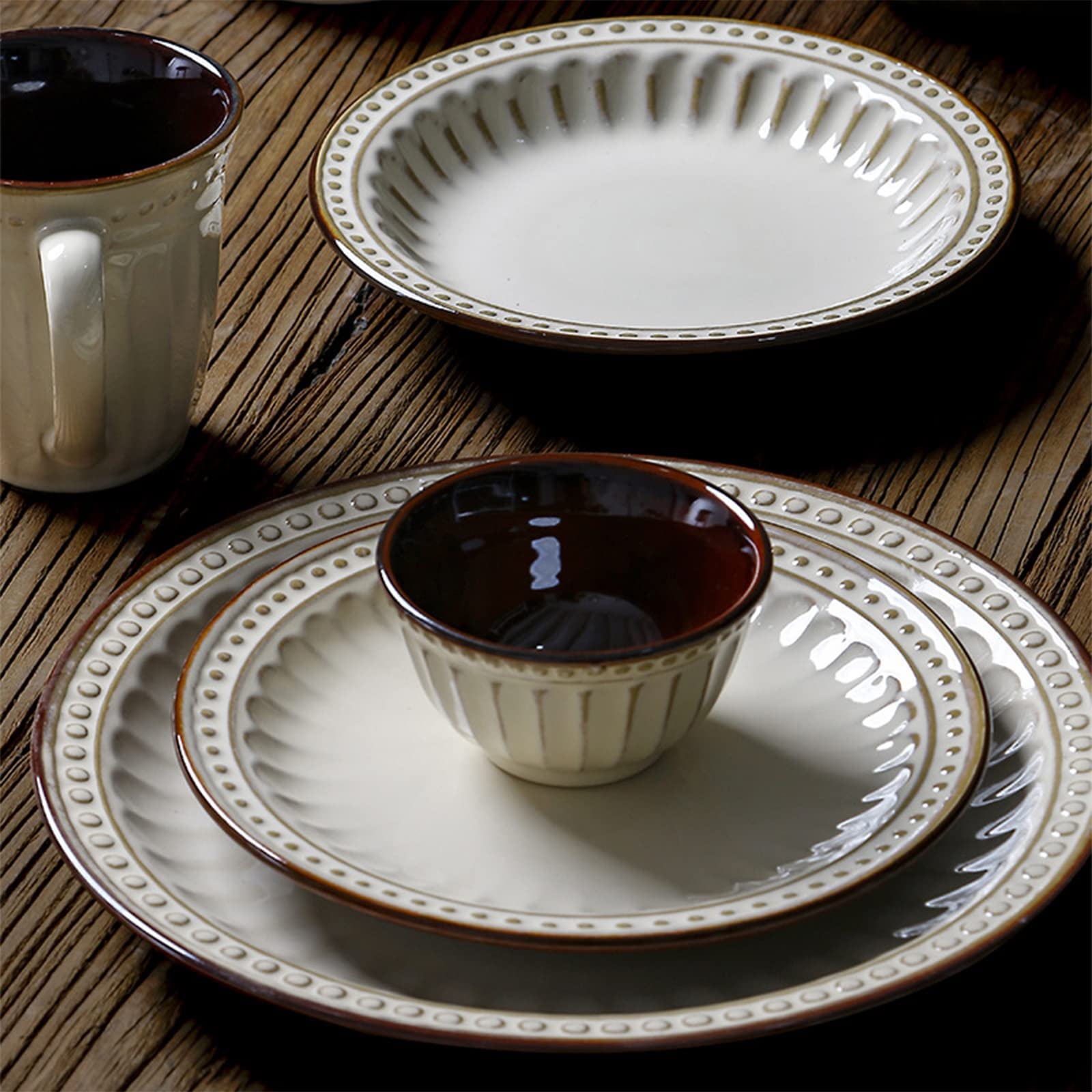 Services de Table en Porcelaine, Services de Table en grès, Ensembles d'assiettes et de Bols Modernes en Relief de 20 pièces, Services de Table de Cuisine en cé(