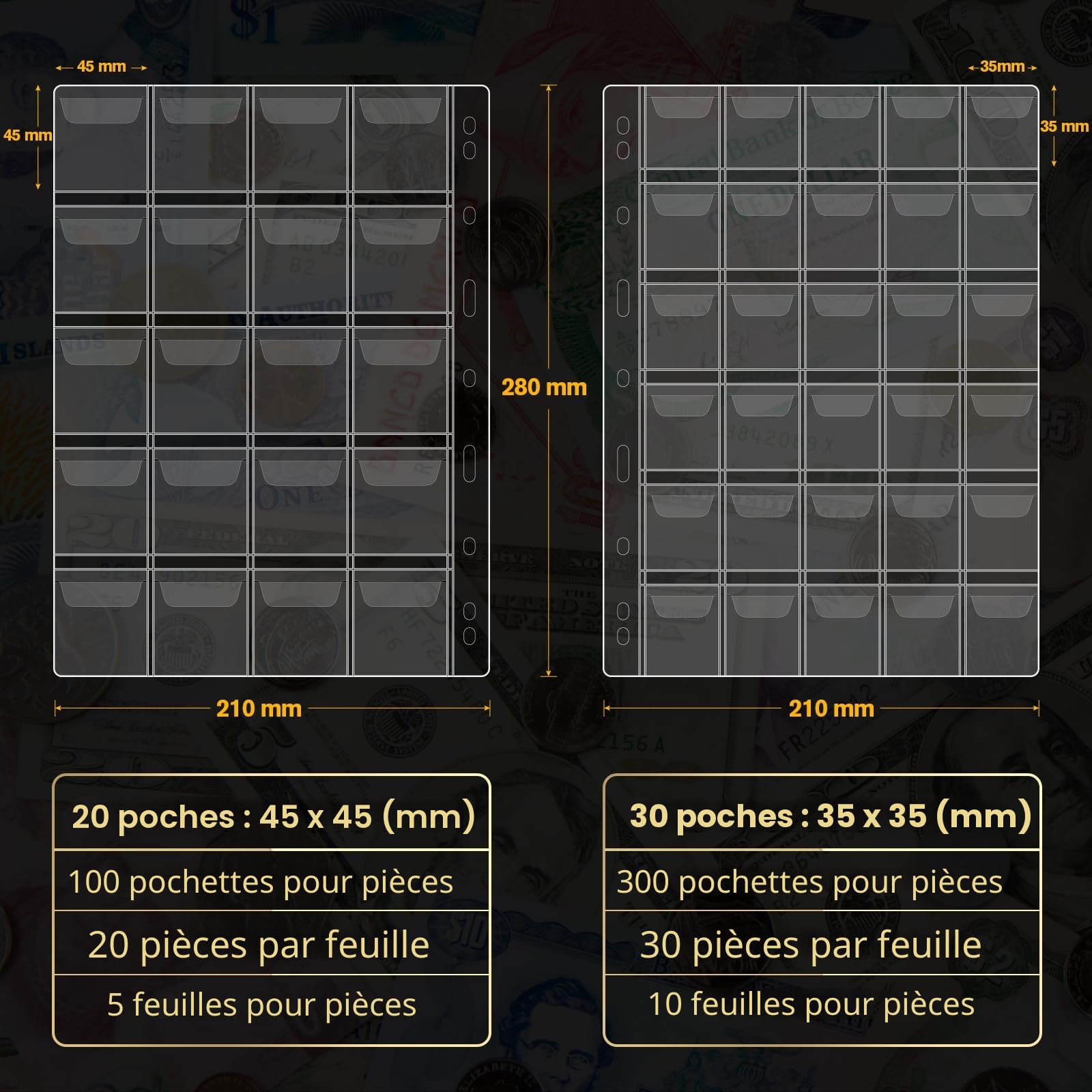 JoyHood Album de collection de pièces de monnaie – 400 pochettes pour pièces de monnaie + 15 poches pour billets, organiseur de pièces de monnaie pour pièces de 20/25/27/30/38 mm